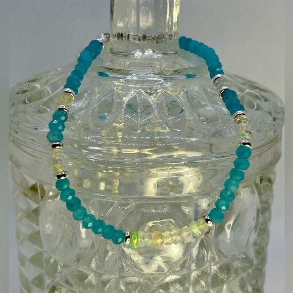 Turquoise Blue Apatite, Ethiopian Opal Gemstone Bracelet in Sterling Silver. - Picture 5 of 7